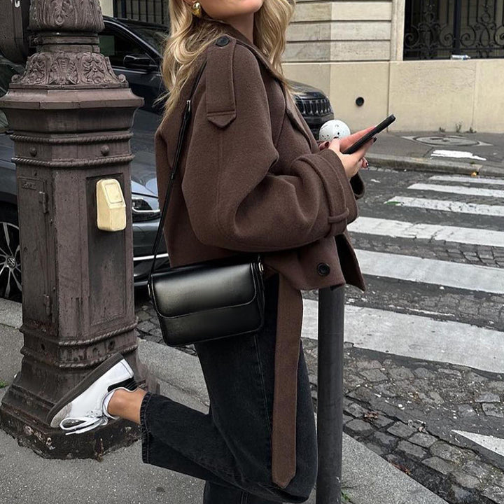 Ladies short-cut double-breasted wool blend coat with wide lapels and belted waist Mune Fashion