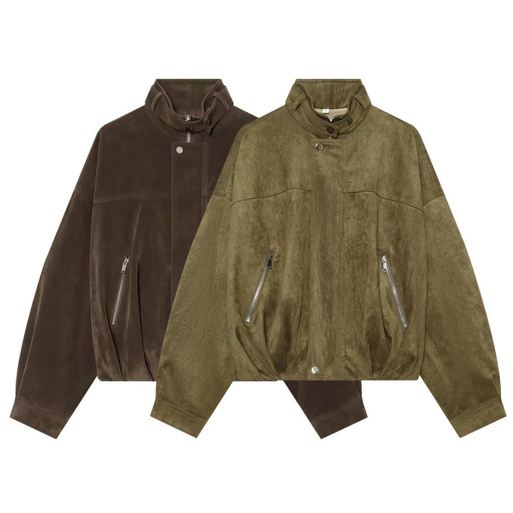 Women's Oversize Suede Bomber Jacket with High Stand Collar and Zipper Pockets Mune Fashion