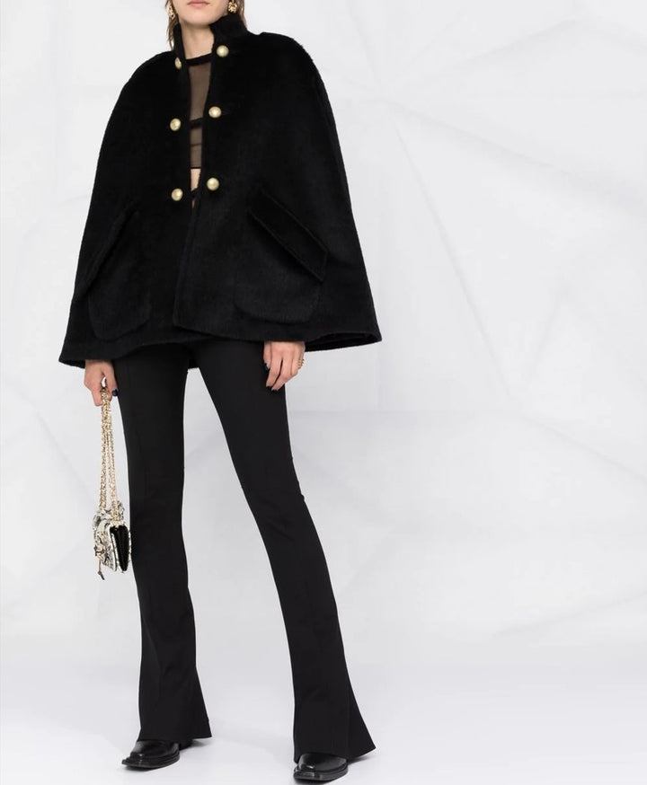 Women's short cape with stand-up collar, velvety texture and decorative gold buttons Mune Fashion