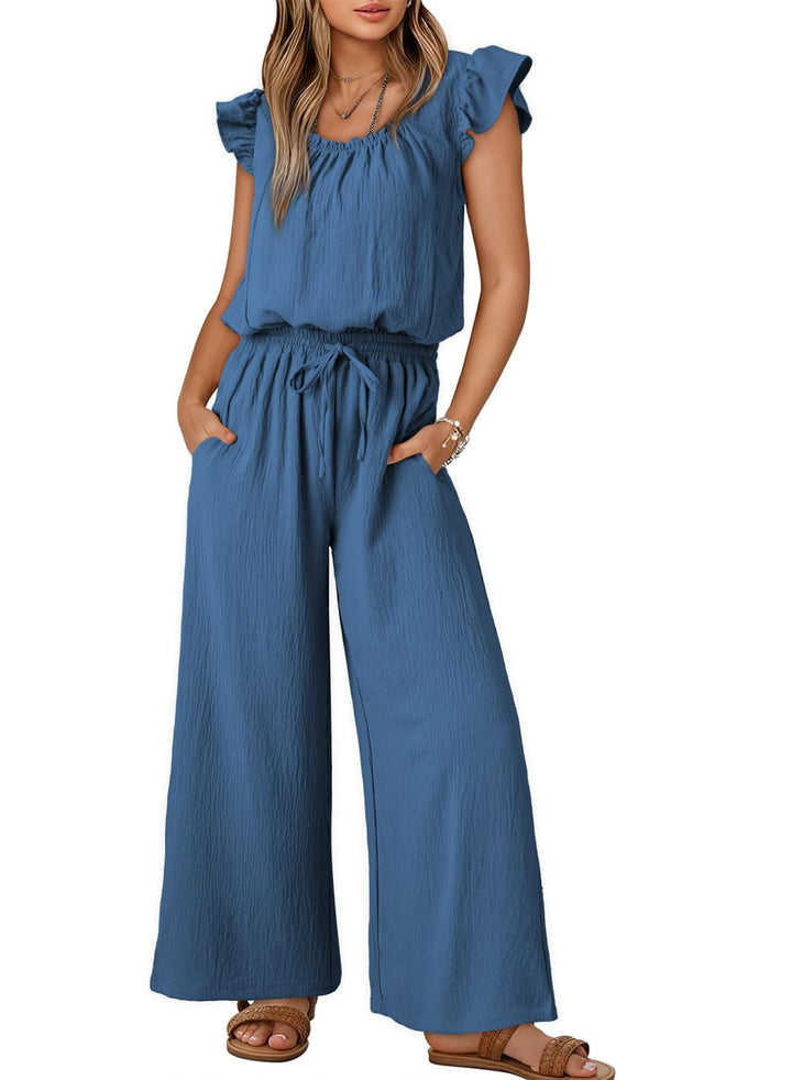 Women's Crinkle Jumpsuit with Wide Leg, Elastic Waistband, and Ruffled Sleeves Mune Fashion