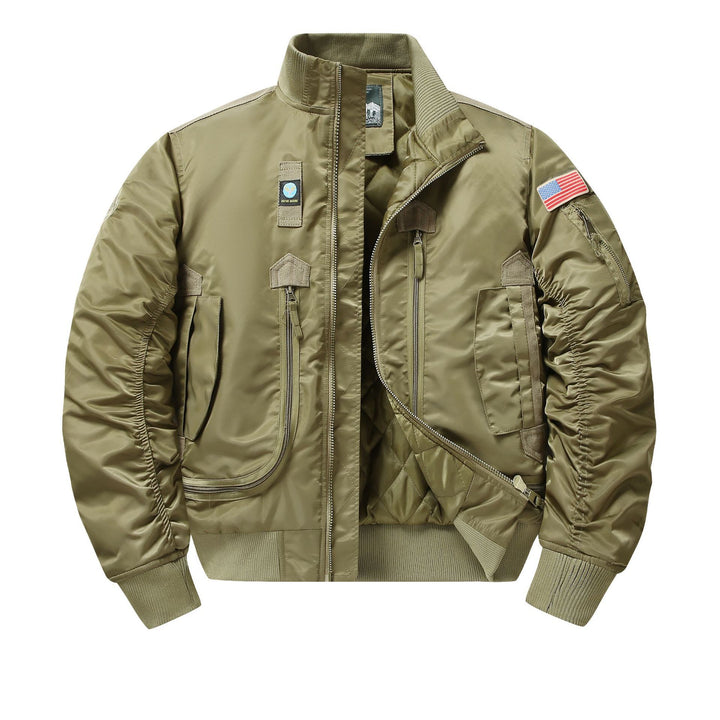Men's rugged pilot bomber jacket with multifunctional zip and flap pockets as well as arm pocket Mune Fashion