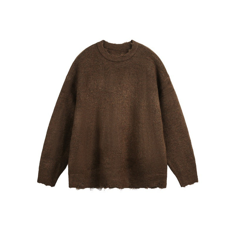 Unisex Oversized Chunky Knit Sweater with Round Neckline and Frayed Hem Mune Fashion