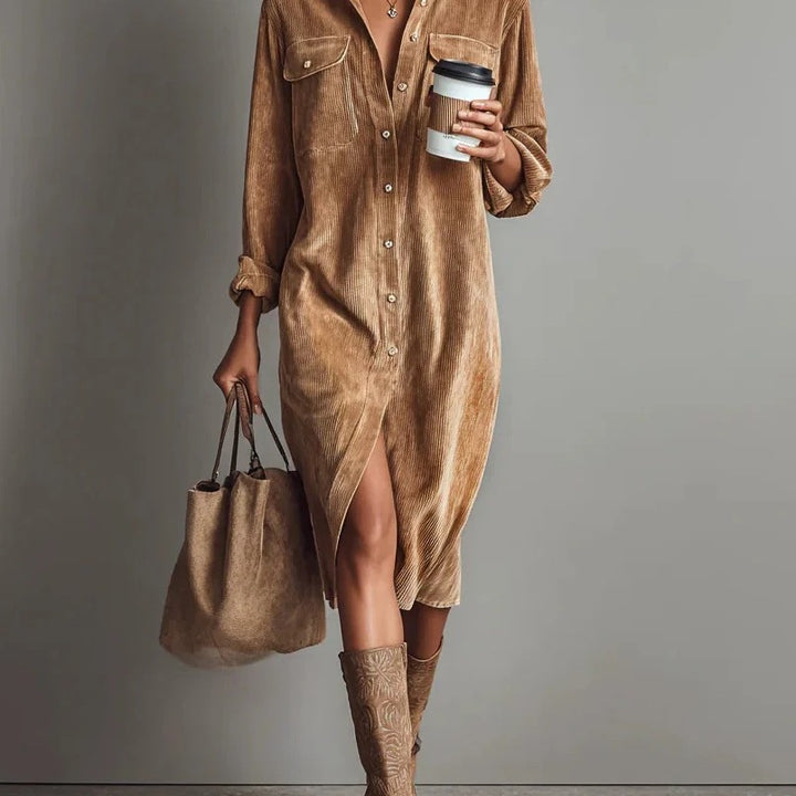 Women's shirt dress made of corduroy with breast pockets, button placket and slit Mune Fashion