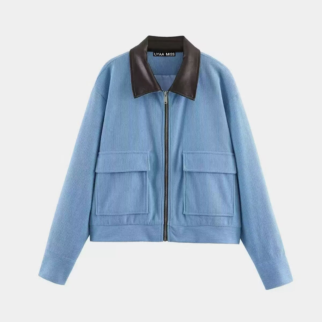 Women's Short Cord Jacket in Blouson Style with Leather Collar and Flap Pockets Mune Fashion