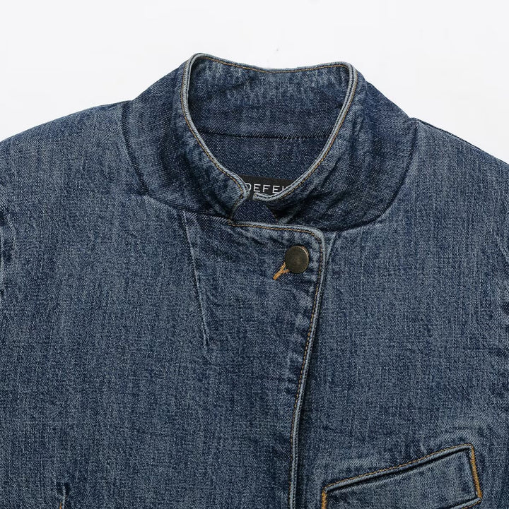 Women's Cropped Denim Jacket in Boxy Cut with Stand Collar and Concealed Button Placket Mune Fashion