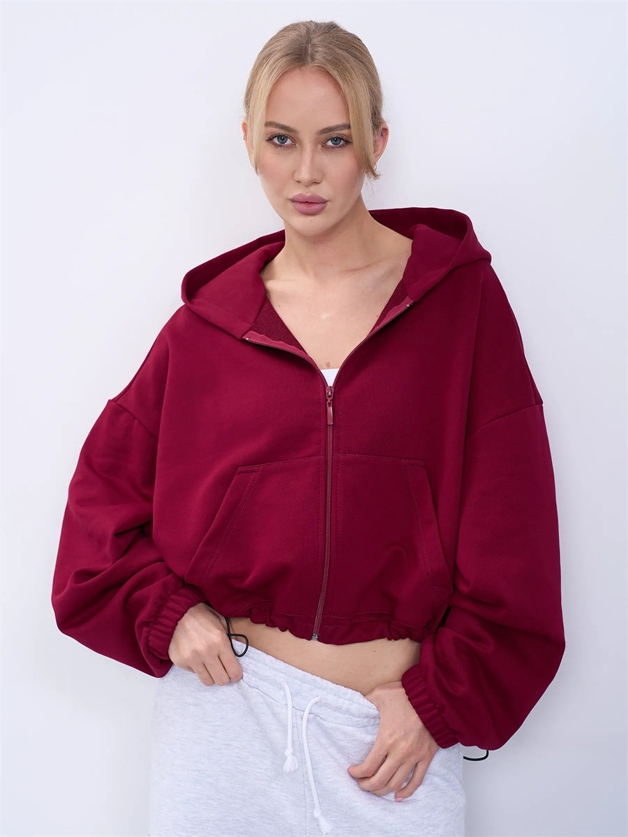 Women's casual cropped fleece hoodie with drawstring waistband, raglan sleeves and zip closure