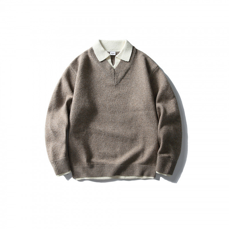 Unisex Oversized Knit Sweater with Contrasting Polo Collar and V-Neck Mune Fashion
