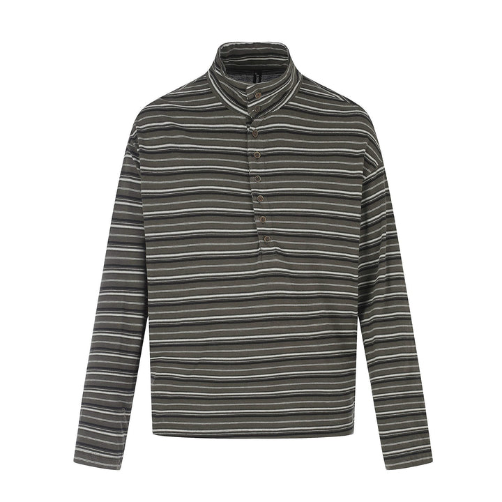 Men's fine striped henley with high stand-up collar, full button placket, and boxy cut Mune Fashion