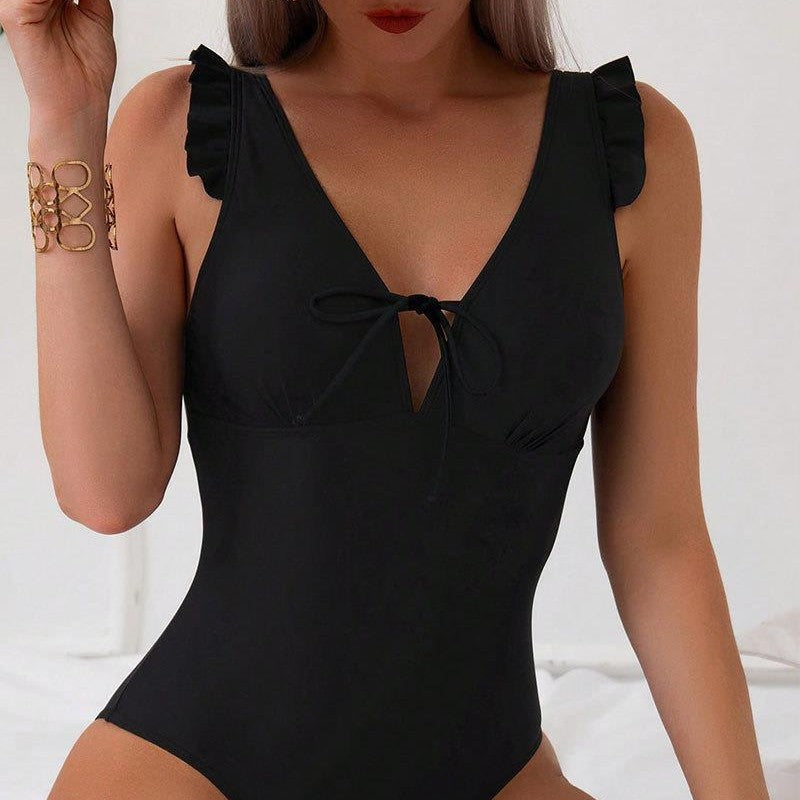 Women's One-Piece Swimsuit with Deep V-Neck and Ruffle Details Mune Fashion