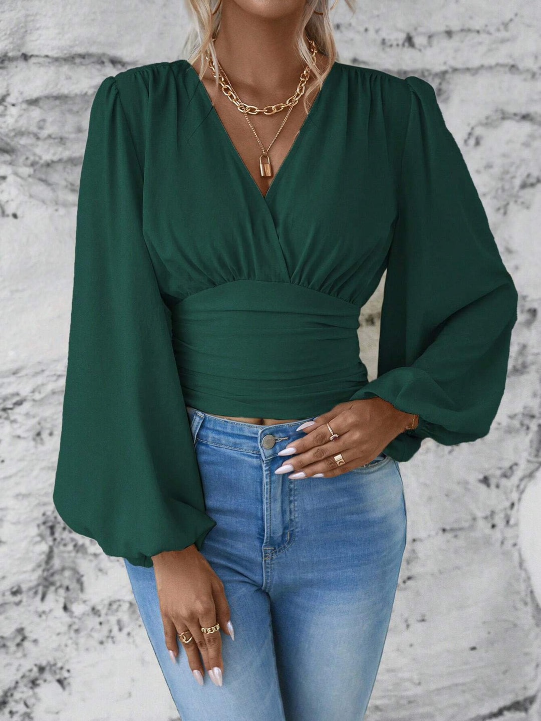 Women's Wrap Cropped Top with Gathered Waist and Wide Balloon Sleeves Mune Fashion