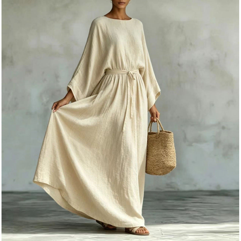 Women's Long Linen Look Kaftan Dress with Drawstring Waist and Batwing Sleeves Mune Fashion