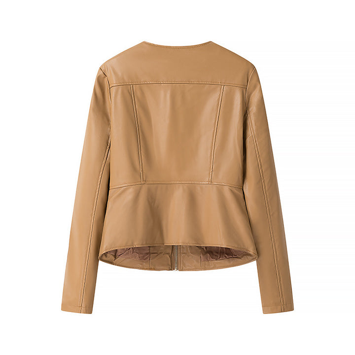 Women's leather jacket without collar with tailored fit and full zip Mune Fashion