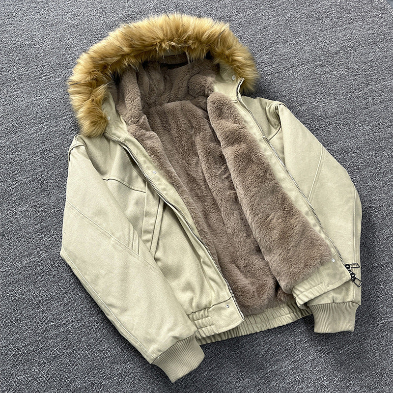 Unisex Quilted Bomber Jacket with Large Hood and Faux Fur Trim Mune Fashion
