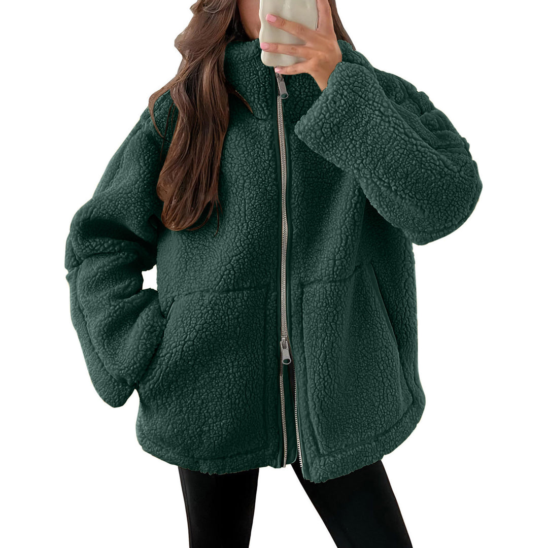 Women's oversized teddy fleece jacket with stand-up collar and full-length zipper Mune Fashion