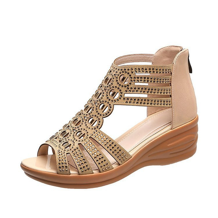 Women’s Buckle Wedge Sandal with Closed Heel, Decorative Stone Accents and Ergonomic Comfort Footbed Mune Fashion