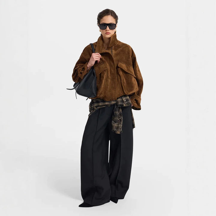 Ladies Oversize Suede Blouson with Large Flap Pockets and Stand-up Collar Mune Fashion