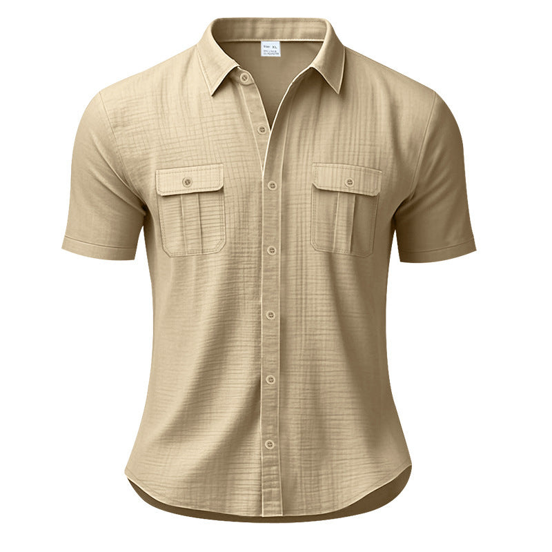 Men's structured short sleeve shirt in linen gauze look with flap pockets and rounded hem Mune Fashion