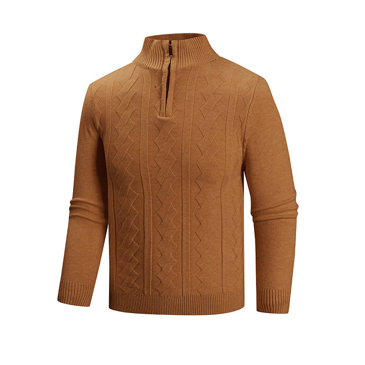 Men's fine knit half-zip pullover with cable pattern and stand-up collar Mune Fashion