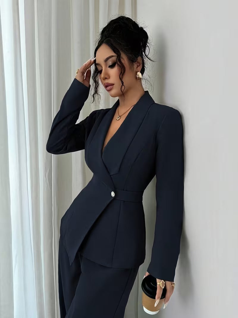 Women's tailored business blazer with shawl collar, belt waist and single-button closure Mune Fashion