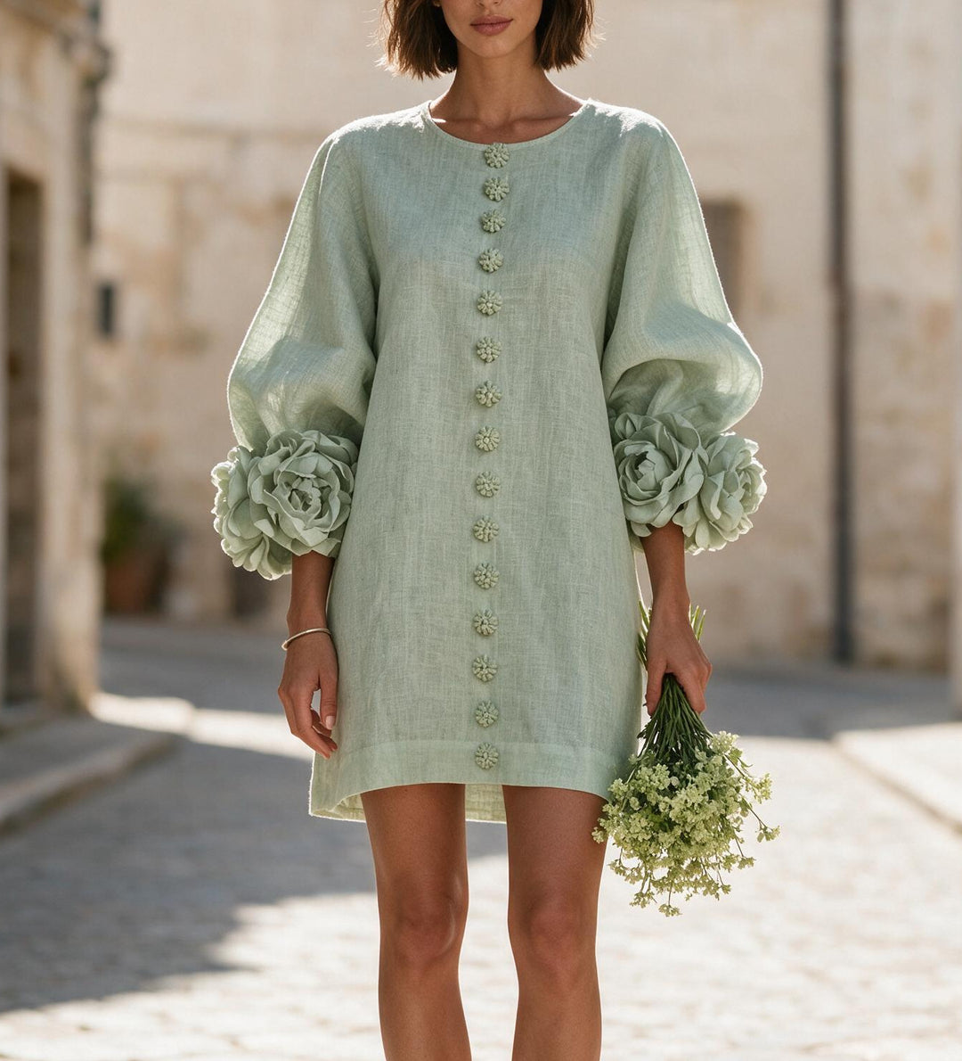Ladies short dress made of linen with voluminous balloon sleeves and 3D flower cuffs Mune Fashion