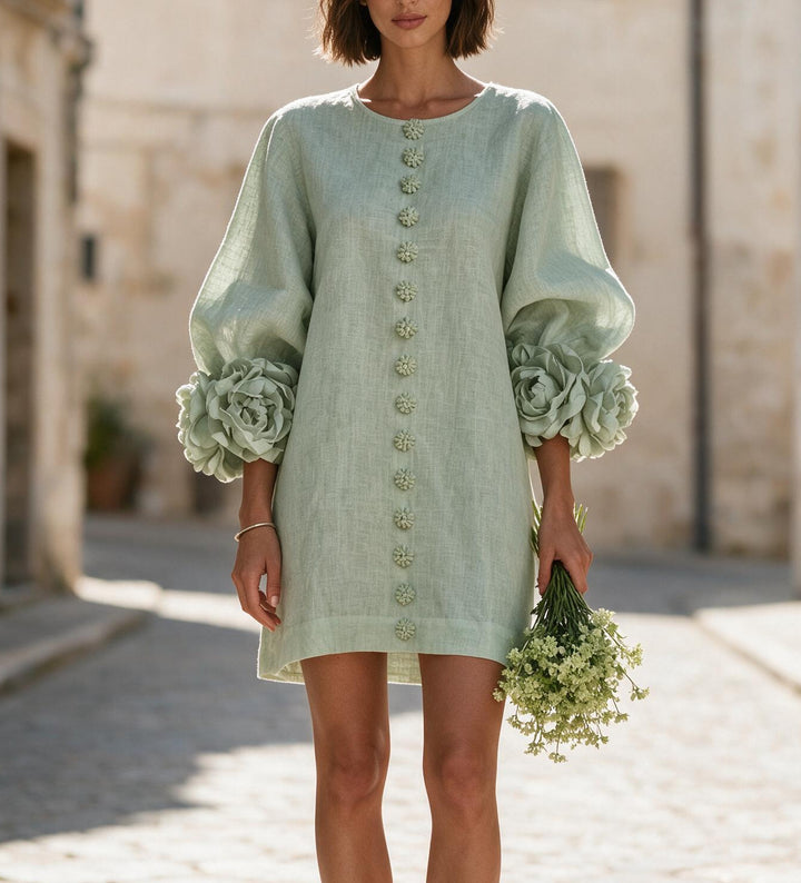 Ladies short dress made of linen with voluminous balloon sleeves and 3D flower cuffs Mune Fashion