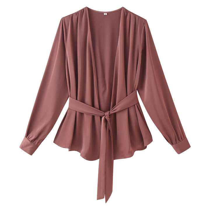 Women's wrap blouse with draped V-neck and waist belt Mune Fashion