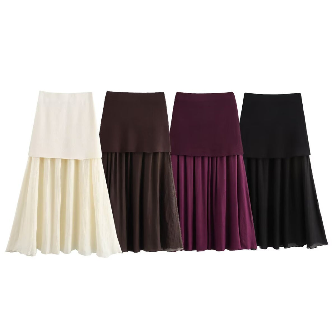 Women's Double-Layer Pleated Maxi Skirt with High Waist Mune Fashion