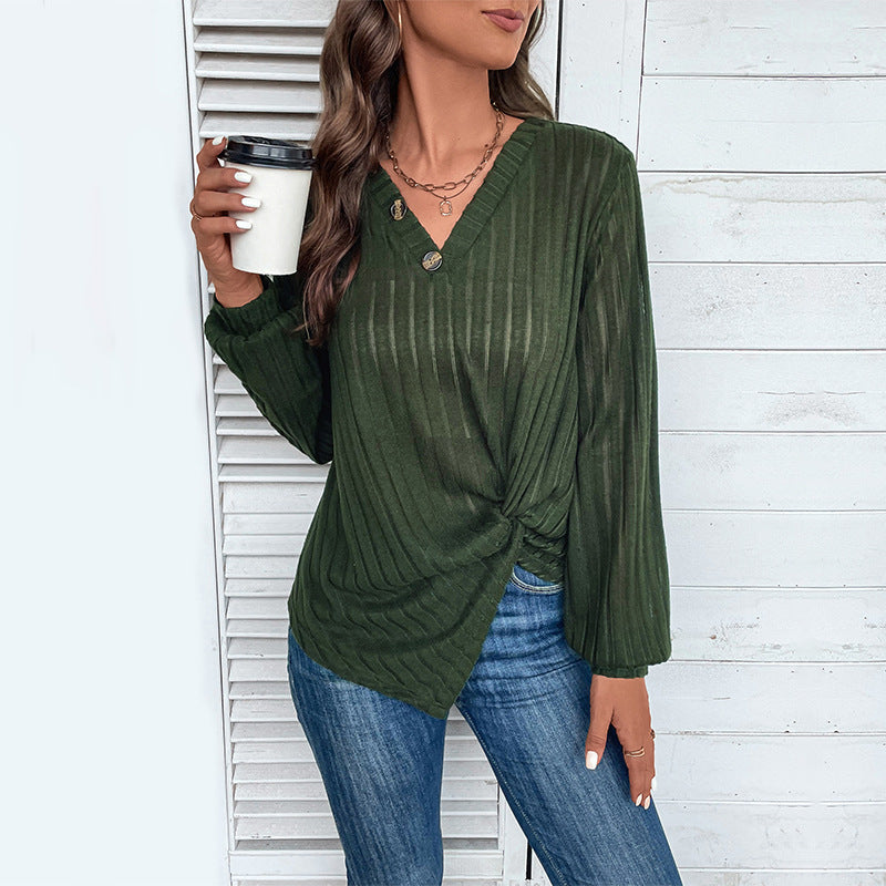 Women Tailored Ribbed Long Sleeve with V-Neck, Button Placket and Twist Knot Mune Fashion