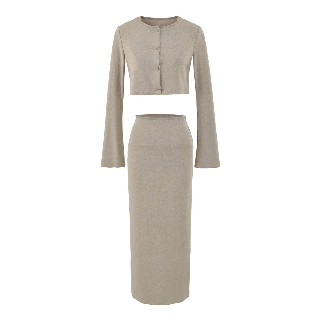 Ladies' cropped set made of fine knit with button cardigan and figure-hugging maxi skirt Mune Fashion