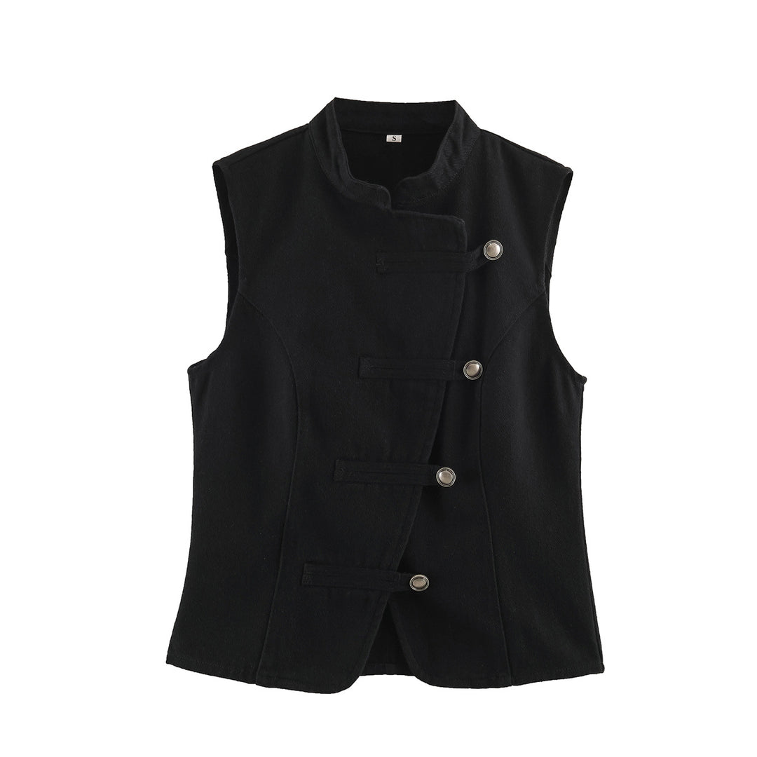 Women Tailored Vest with Mandarin Collar and Asymmetrical Loop Hook Closure Mune Fashion