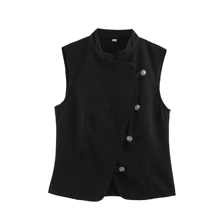 Women Tailored Vest with Mandarin Collar and Asymmetrical Loop Hook Closure Mune Fashion