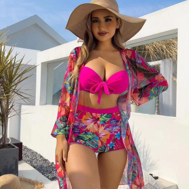 Women High-Waisted Bikini Set with Floral Design and Ties Mune Fashion