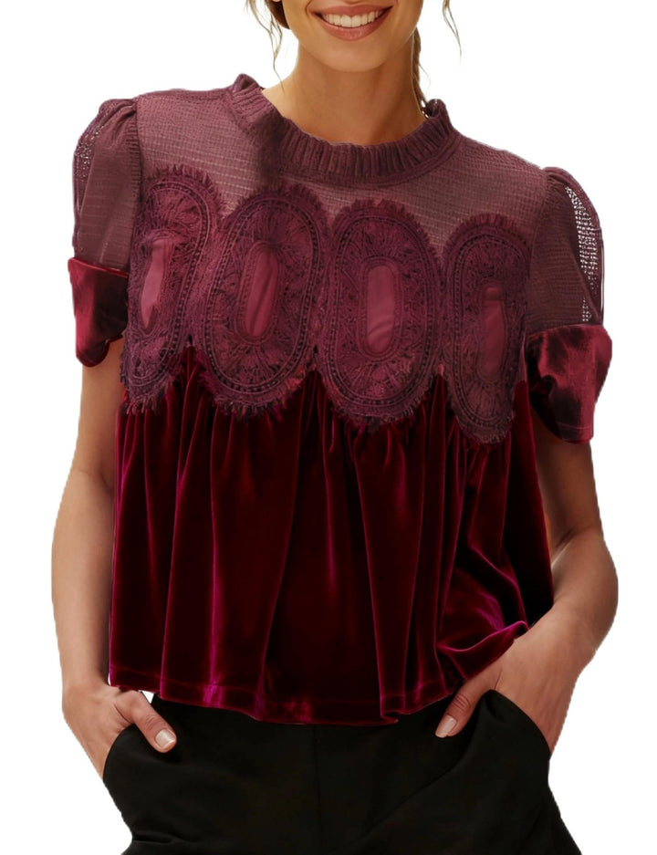Women's velvet blouse with lace trim, transparent insert, and gathered A-line Mune Fashion