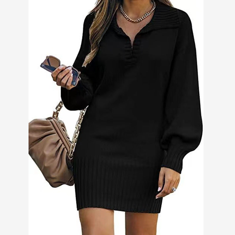 Women's off-shoulder knitted mini dress with wide V-neckline and ribbed waistband Mune Fashion