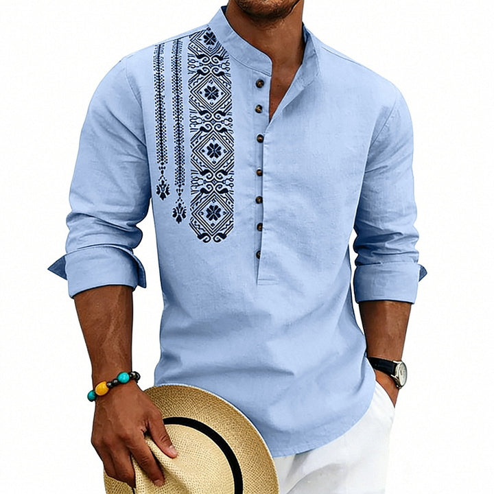Men's embroidered linen henley shirt with stand-up collar and ethnic chest motif Mune Fashion