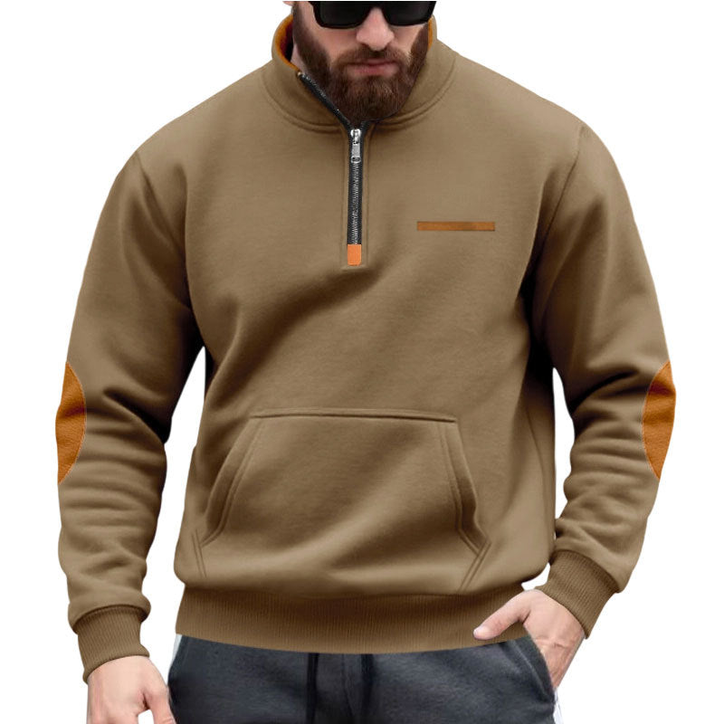 Men's half-zip sweatshirt with stand-up collar, kangaroo pocket, and elbow patches Mune Fashion