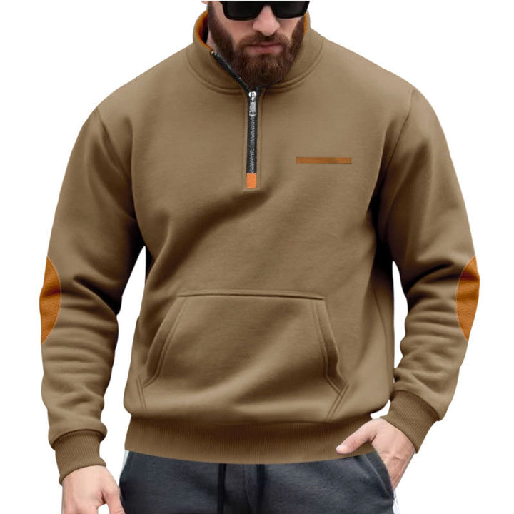 Men's half-zip sweatshirt with stand-up collar, kangaroo pocket, and elbow patches Mune Fashion