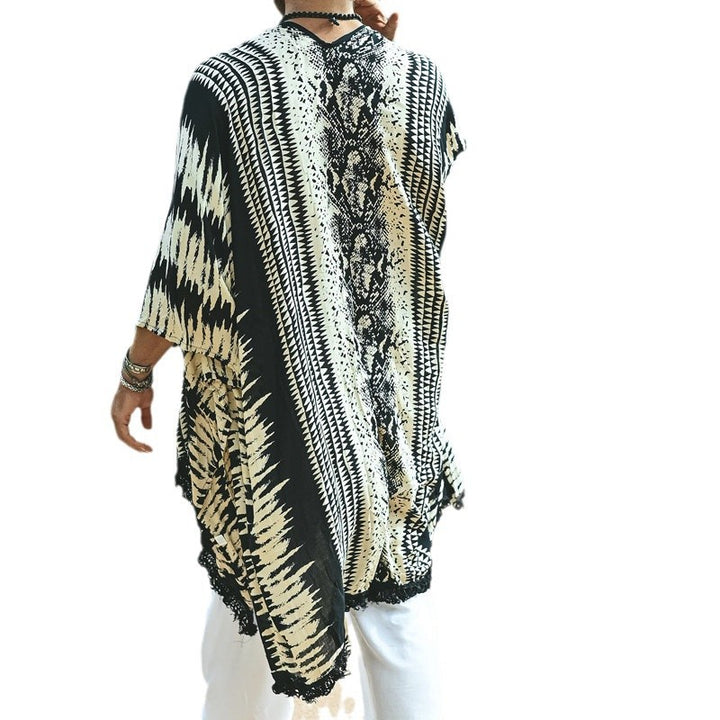 Men's Lightweight Ethno Beach Kaftan with V-Neck and Fringes Mune Fashion