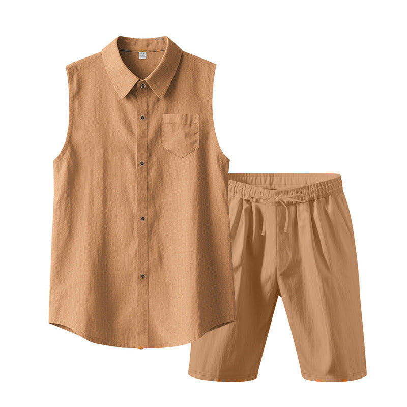 Men's sleeveless shirt and shorts set made of cotton-linen with kent collar and elastic drawstring waistband Mune Fashion