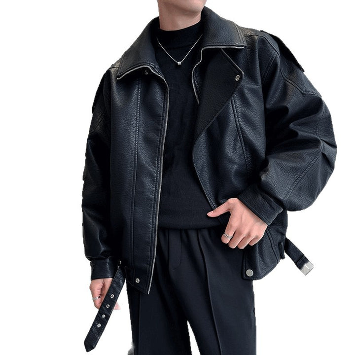 Men's Oversized Leather Jacket with Wide Asymmetrical Lapel and Waist Belt Mune Fashion
