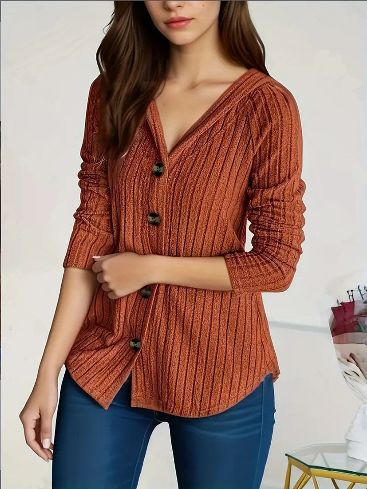 Women's concealing ribbed knit cardigan with V-neck and decorative buttons Mune Fashion