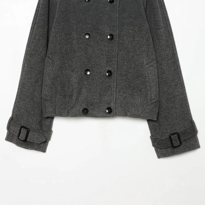 Women Short Peacoat with Double Breasted, High Standing Collar, Shoulder Epaulettes and Adjustable Cuffs Mune Fashion
