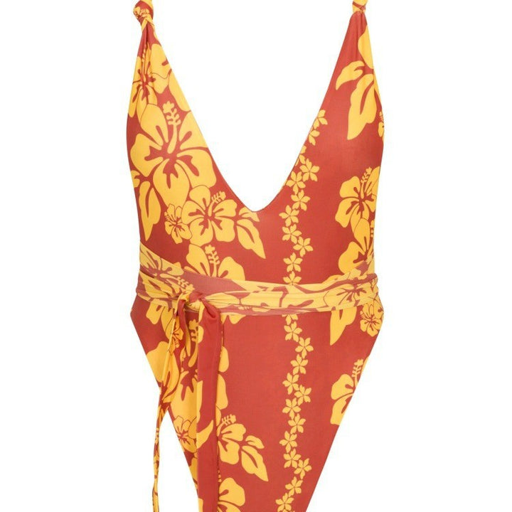Women's one-piece swimsuit with deep V-neckline and floral design Mune Fashion