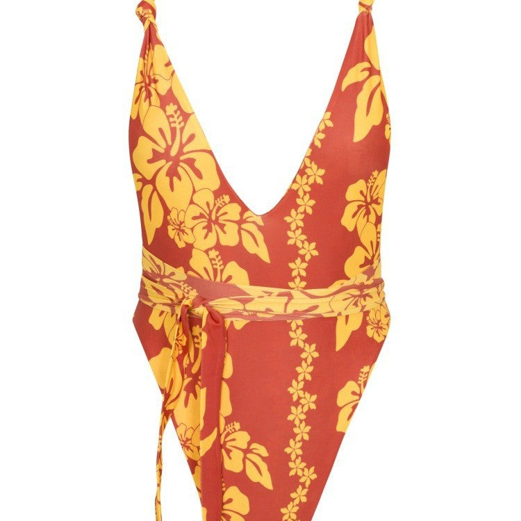 Women's one-piece swimsuit with deep V-neckline and floral design Mune Fashion