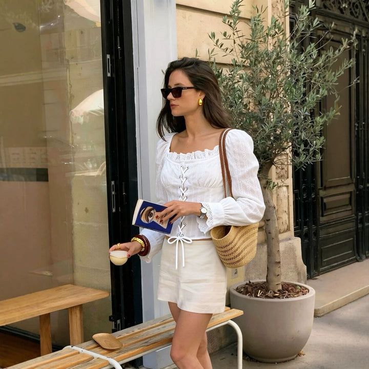 Ladies corset top in broderie look with lacing and puff sleeves Mune Fashion