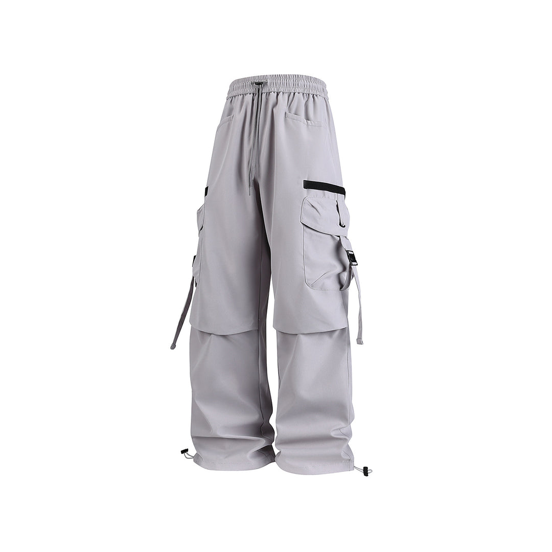 Men's Wide Cargo Pants with Multi-Pockets, Adjustable Drawstring Waistband, and Modular Strap Details Drune