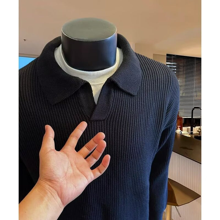 Men's Structured Knit Sweater with Polo Collar and V-Slit Mune Fashion
