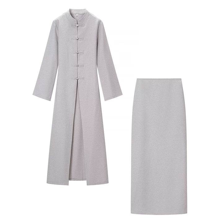 Women's Long Sleeve Maxi Dress with Stand Collar Toggle Button Closure and Front Slit Mune Fashion