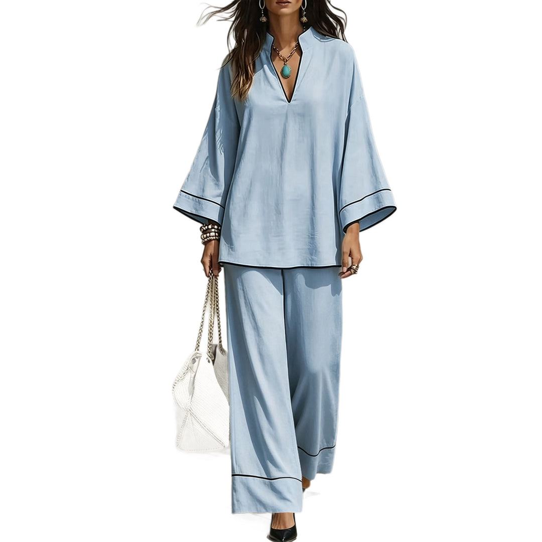 Women's Casual Two-Piece Linen Look Loungewear Set with Stand Collar, V-Neck and Wide Leg Cut Mune Fashion