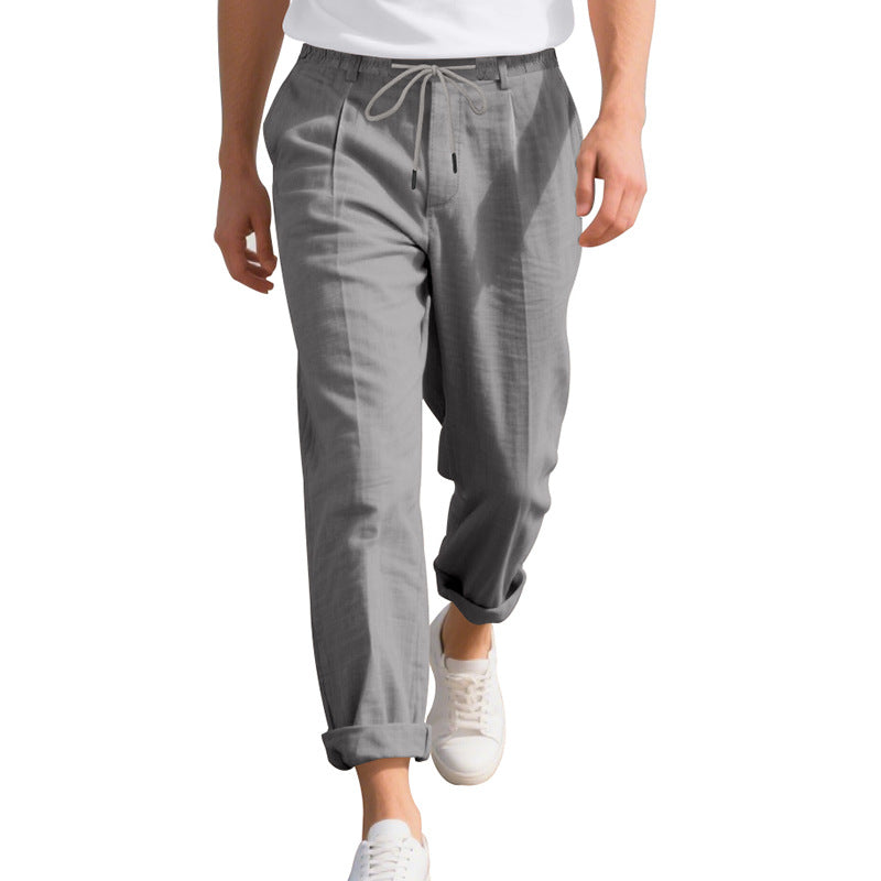 Men's beach-suitable linen blend lounge pants with elastic drawstring, subtle pleat, and rolled ankle hem Mune Fashion